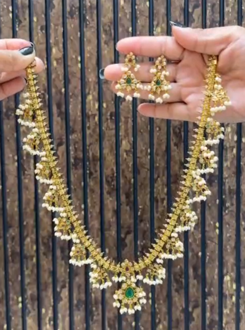 South Indian Antique Gold Finish Necklace Set with Earrings
