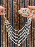 CZ 5 Layer Green and Wlhite Necklace Set with Earrings in Silver Finish