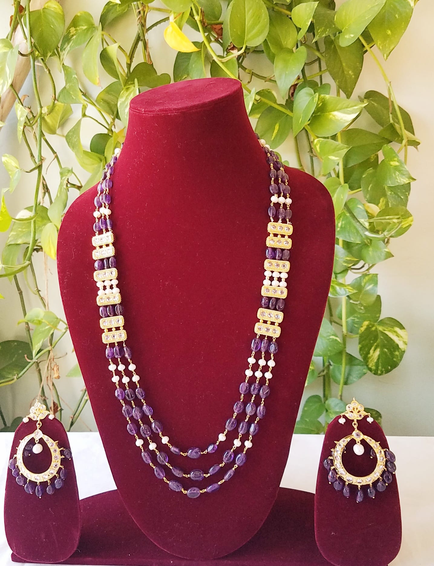 Real Amythst and Real Pearls Beads and CZ Polki Long Necklace Set with Chandbaliya