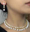 Real Freshwater Pearl’s Single line CZ Stones Necklace Set with Earrings Gold Plated