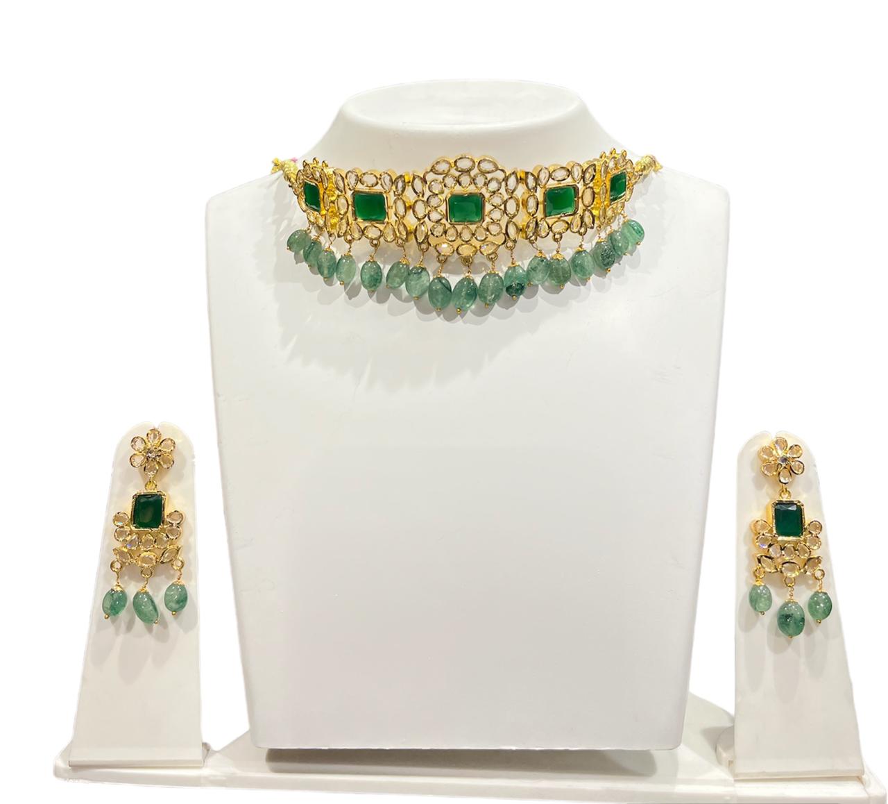 Nizaami Choker Set with Real Emerald Beads and Polki Premium Quality Gold Plated