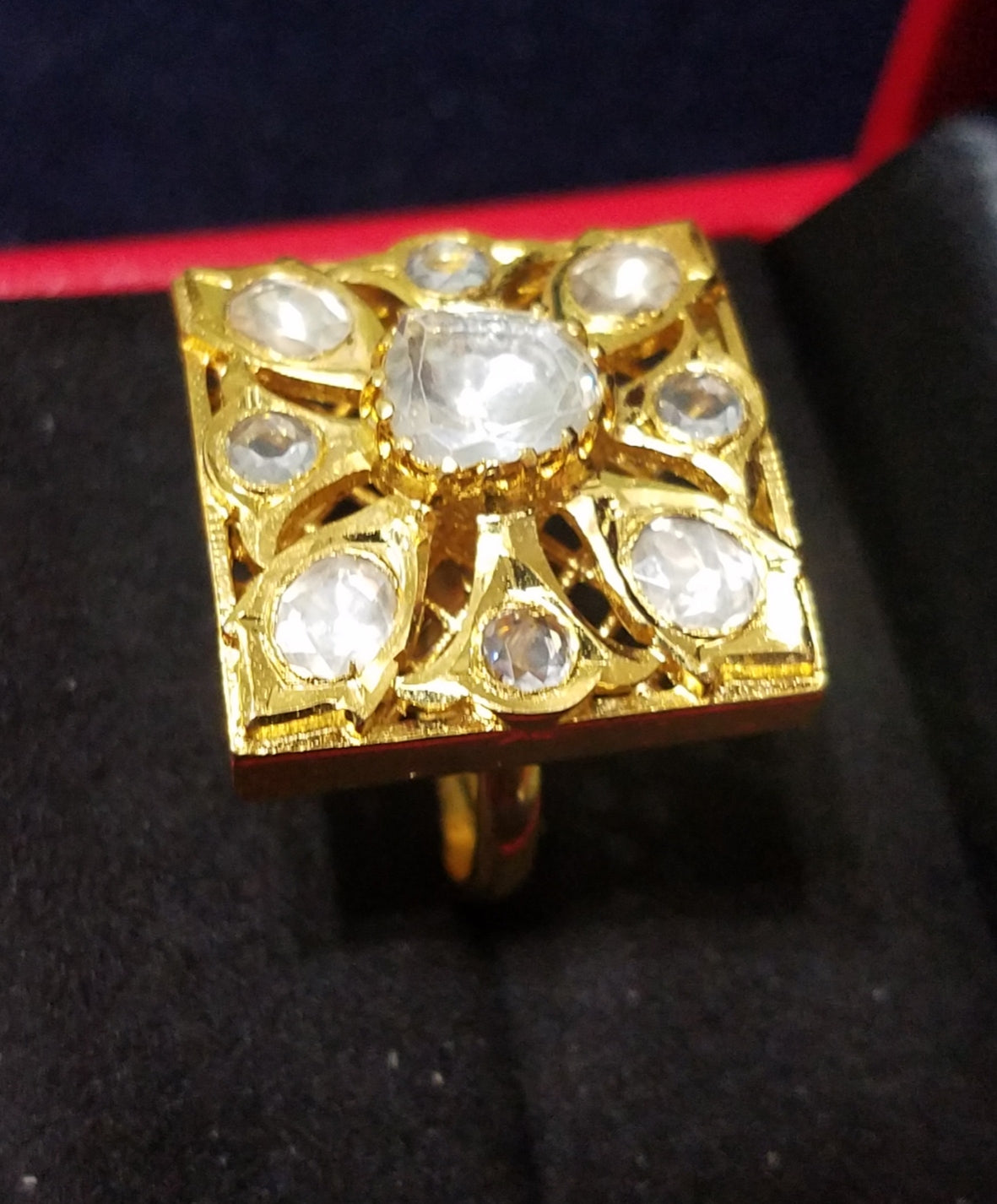 Real Silver 92.5 Gold Plated with Moissanite Polki Finger Ring Adjustable size