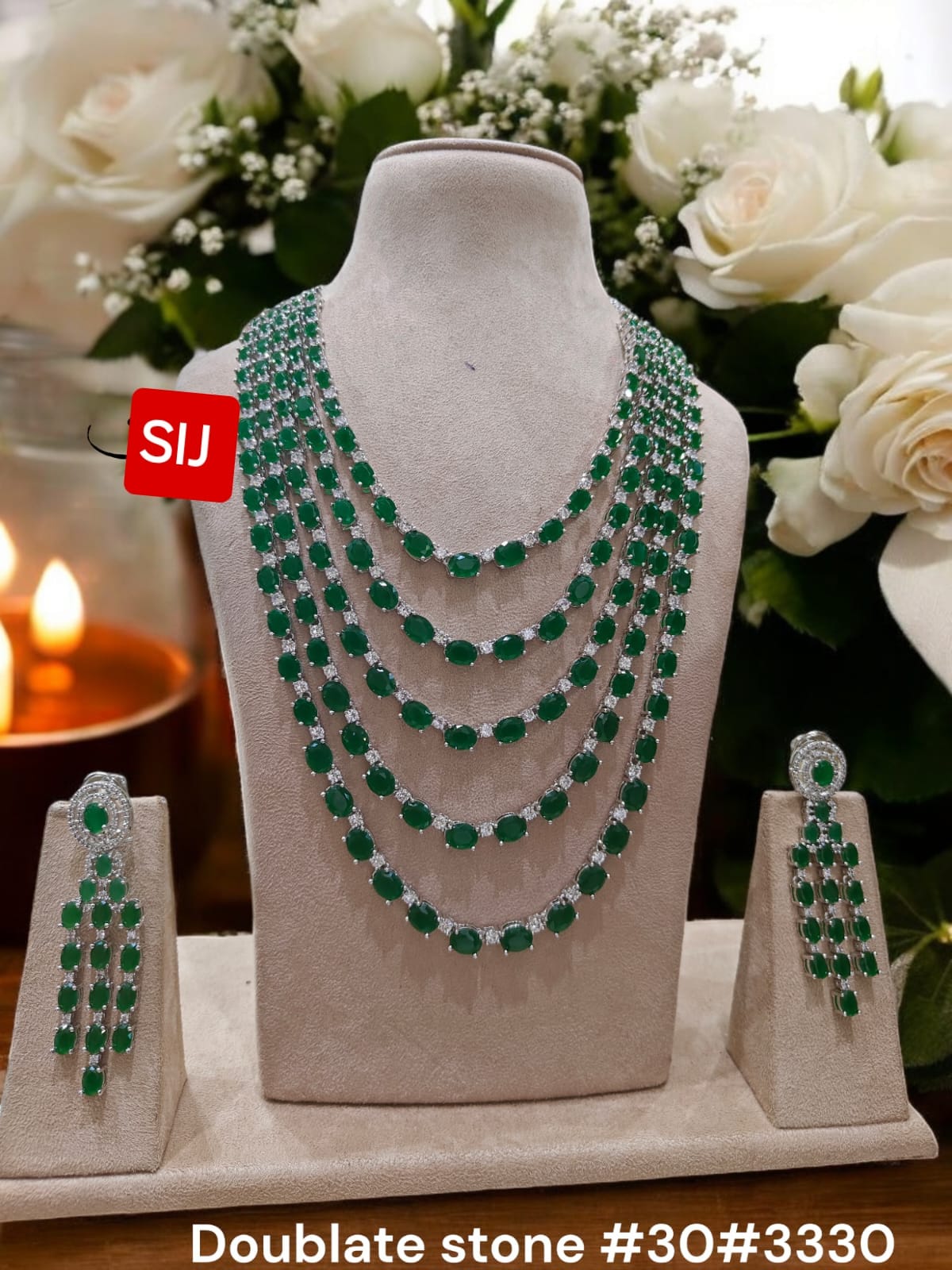 5 layers Green Doublet Stones Necklace Set with Earrings in Silver Finish