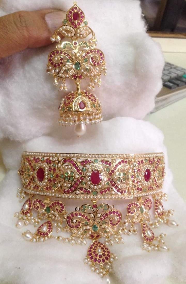 Rajputana Amritsari Jadau Navratan Choker Set with Earrings Premium Quality Gold Plated