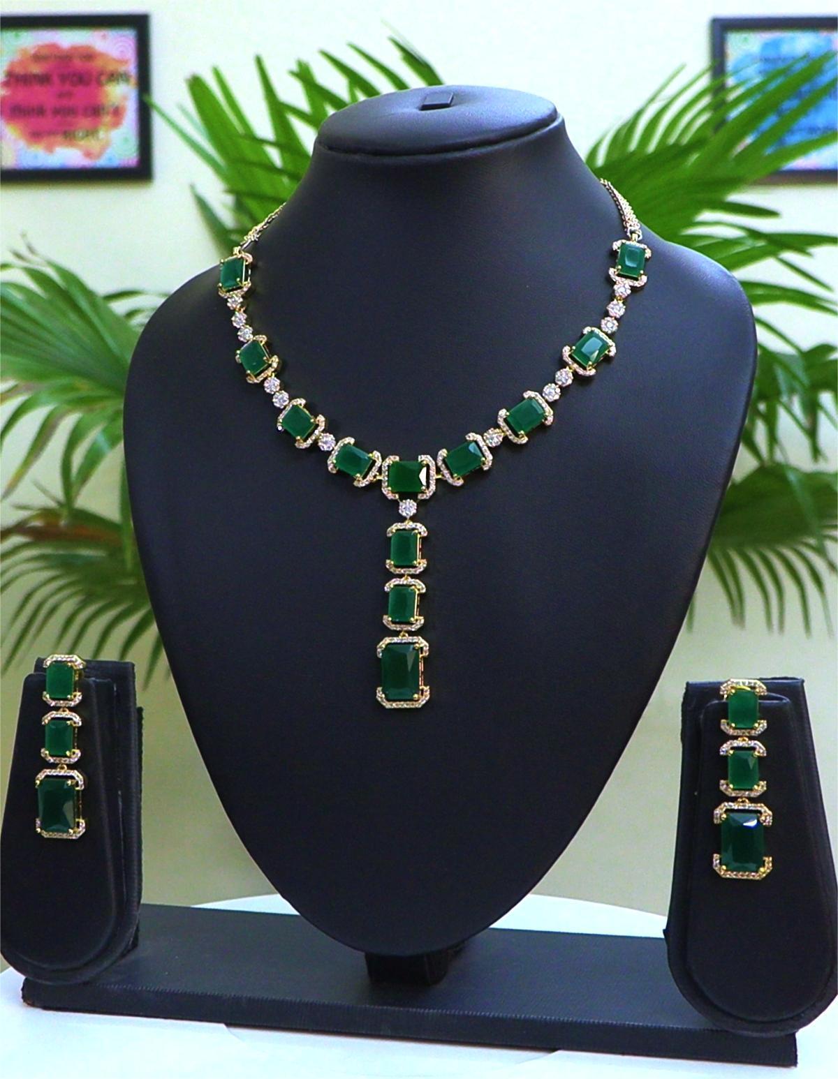 Green and Wlhite Original Cubic Zirconia Stones Necklace Set with Earrings in Gold Finish