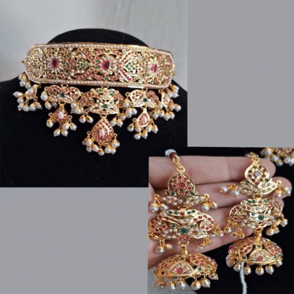 Rajputana Amritsari Navratan Necklace Set with Earrings Gold Plated