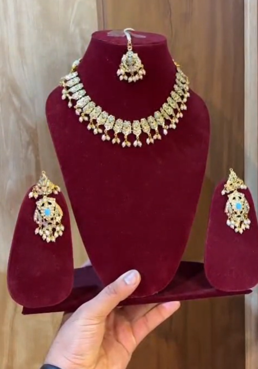 Beautiful Blue Amritsari Jadau Necklace Set with Earrings and Tika Premium Quality Gold Plated