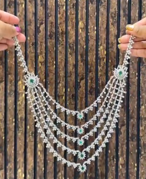 CZ 5 Layer Green and Wlhite Necklace Set with Earrings in Silver Finish