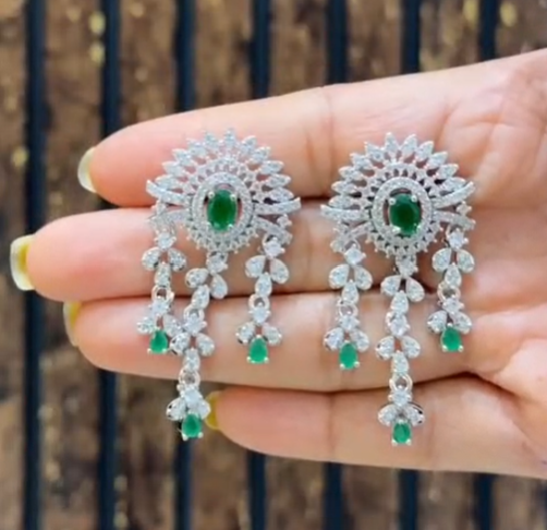 CZ 5 Layer Green and Wlhite Necklace Set with Earrings in Silver Finish