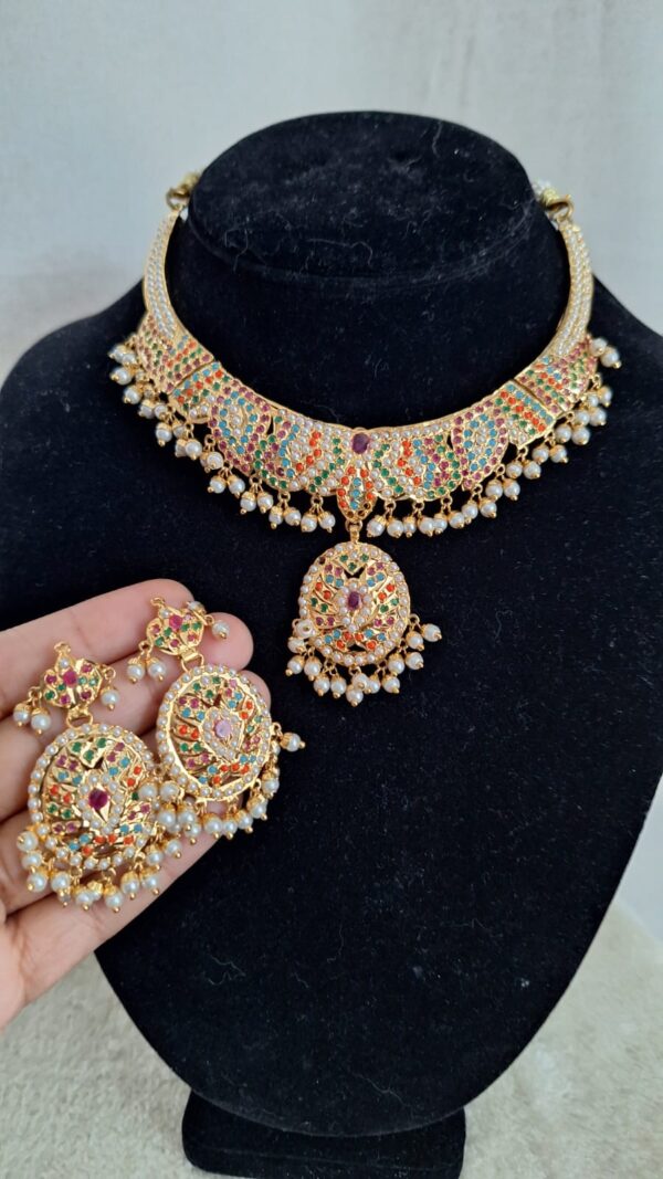 Amritsari Jadau Navratan Necklace Set with Earrings  Gold Plated