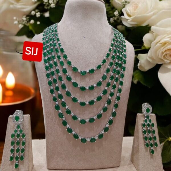 5 layers Green Doublet Stones Necklace Set with Earrings in Silver Finish