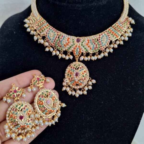 Amritsari Jadau Navratan Necklace Set with Earrings  Gold Plated