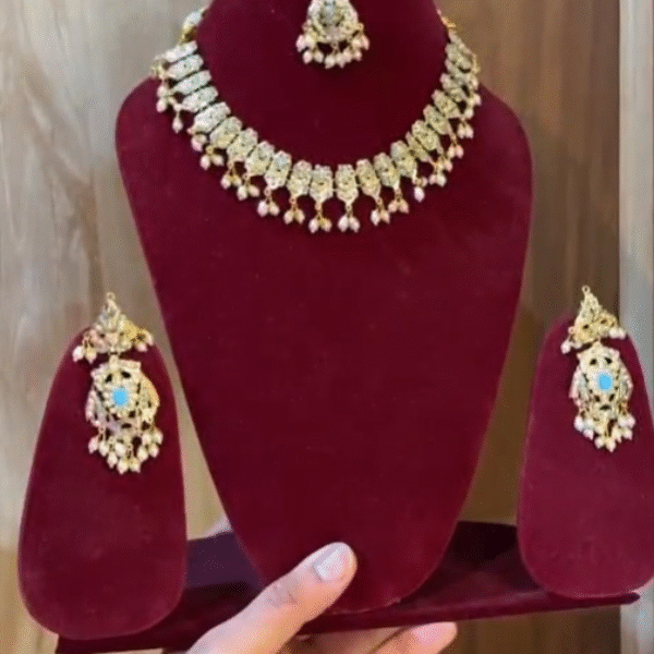 Beautiful Blue Amritsari Jadau Necklace Set with Earrings and Tika Premium Quality Gold Plated